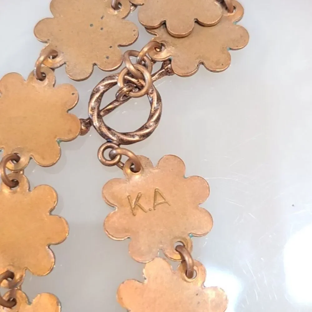 Vintage Copper Enamel Floral Bracelet Mid Century MCM Flower Panel Link 6.5